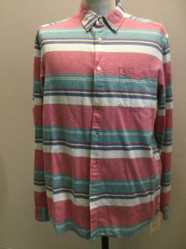 H&M, Red, Green, Navy Blue, Yellow, White, Cotton, Stripes - Vertical , Button Front, Collar Attached, 1 Pocket, Long Sleeves,