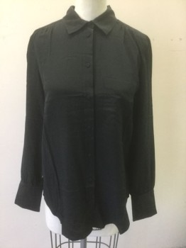 J.CREW, Black, Silk, Solid, Long Sleeve Button Front, Collar Attached, 1 Patch Pocket, Self Fabric Covered Buttons, Gathered at Shoulder Seam