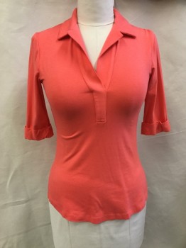 Womens, Top, SOUTHCOTT, Coral Orange, Rayon, Cotton, Solid, 38B, Polo, No Buttons, 1/2 Sleeve