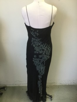PAPELL BOUTIQUE, Black, Clear, Pewter Gray, Silk, Polyester, Pullover, Bias, Beaded Floral Pattern, Spaghetti Straps,