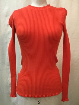 Womens, Top, REBECCA TAYLOR, Orange, Polyester, Viscose, Solid, XS, Orange, Ribbed, Crew Neck, Long Sleeves,