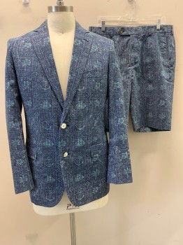 BROOKS BROTHERS, Faded Navy, Teal Blue, White, Poly/Cotton, Floral, Abstract , Faded, Square, Anchor, Floral, & Boat Pattern, Notched Lapel, Single Breasted, Button Front, 2 Buttons,  3 Pockets , *2nd Button is Broken