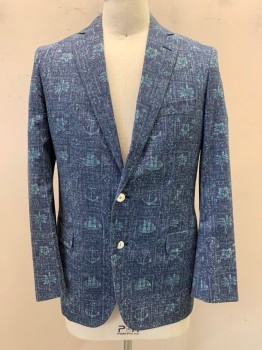BROOKS BROTHERS, Faded Navy, Teal Blue, White, Poly/Cotton, Floral, Abstract , Faded, Square, Anchor, Floral, & Boat Pattern, Notched Lapel, Single Breasted, Button Front, 2 Buttons,  3 Pockets , *2nd Button is Broken