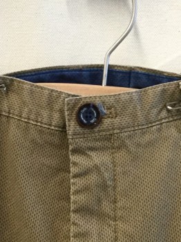MASSIMO DUTTI, Khaki Brown, Brown, Forest Green, Cotton, Elastane, Novelty Pattern, (DOUBLE) " Waistband with Belt Hoops, Flat Front, Zip Front, 4 Pockets