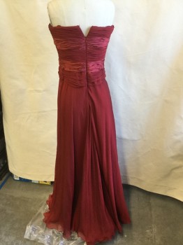 Womens, Evening Gown, CARMEN MARC VALVO, Dk Red, Silk, Solid, B:32, 2, W:25, Dark Red and Shimmer Red Gathered Braided Work Front, Strapless, Solid Bias Cut Skirt, Zip Back