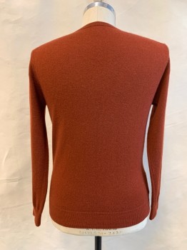 Mens, Pullover Sweater, J. CREW, Burnt Umber Brn, Cashmere, Solid, S, V-neck, Ribbed Knit Neck/Waistband/Cuff