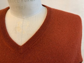 Mens, Pullover Sweater, J. CREW, Burnt Umber Brn, Cashmere, Solid, S, V-neck, Ribbed Knit Neck/Waistband/Cuff