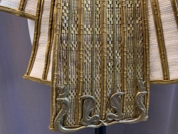 Unisex, Historical Fiction Belt, MTO, Gold, White, Leather, Metallic/Metal, W 31, Egyptian, Leather Braided Waistband, Hook & Eye Back Closure, Gold Metal Scarab Center Detail, Leather Braided Front Panel with Gold Metal Rope Stripe Detail, Metal Snake Detail at Hem, Side Panels of White Fabric with Gold Horizontal Embroidered Stripe Panels with Gold Rope Stripe Detail