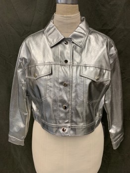 Womens, Leather Jacket, XCULT, Silver, Polyurethane, Solid, L, Pleather, Snap Front, Collar Attached, 2 Flap Pockets, Long Sleeves, Snap Cuff, Snap Tabs at Back Waistband, Raw Back Hem