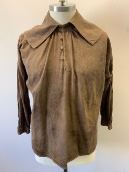FOX 325 , Brown, Cotton, Solid, (aged/distressed) V-neck with Buttons & Loops with Large Collar Attached Long Sleeves, Side Split Hem
