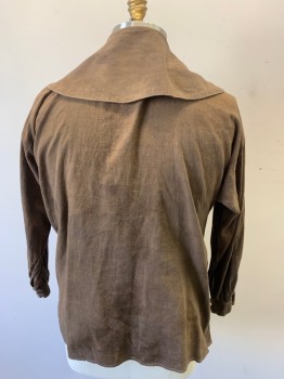 Mens, Historical Fiction Shirt, FOX 325 , Brown, Cotton, Solid, N17.5, C:54, 34/35, (aged/distressed) V-neck with Buttons & Loops with Large Collar Attached Long Sleeves, Side Split Hem