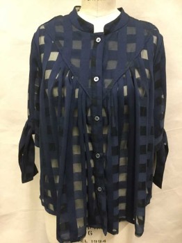 CURRENT AIR, Navy Blue, Polyester, Geometric, Navy W/see Through Square , Round Neck W/self Trim, Gather Yoke, Button Front, Short Sleeves W/self Tie Bow