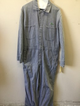 Mens, Coveralls/Jumpsuit, N/L, Lt Blue, Off White, Cotton, Herringbone, 46, Long Sleeves, Snap Front, Collar Attached, 6+ Pockets, Has JIM Embroidered on the Lapel