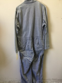 Mens, Coveralls/Jumpsuit, N/L, Lt Blue, Off White, Cotton, Herringbone, 46, Long Sleeves, Snap Front, Collar Attached, 6+ Pockets, Has JIM Embroidered on the Lapel