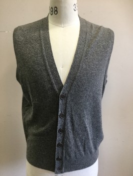 Mens, Sweater Vest, UN. COLORS BENETTON, Gray, Wool, Solid, L, Knit, 6 Button Front, V-neck