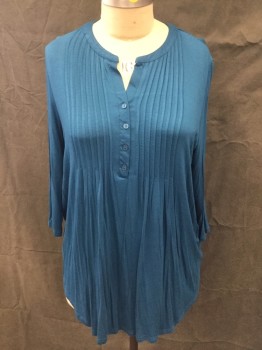 Womens, Top, SIMPLY EMMA, Turquoise Blue, Viscose, Spandex, Solid, 1X, Round VNeck with 7/8" Trim, Short Pleat Front Yoke, 4 Button Front, 3/4 Sleeves, Curved Hem