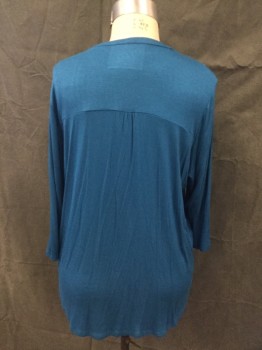 SIMPLY EMMA, Turquoise Blue, Viscose, Spandex, Solid, Round VNeck with 7/8" Trim, Short Pleat Front Yoke, 4 Button Front, 3/4 Sleeves, Curved Hem