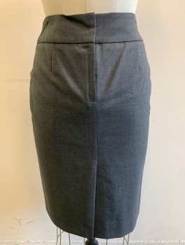 HUGO BOSS, Gray, Wool, Elastane, Solid, 2.5" Wide Self Waistband, Pencil Skirt, Darts at Waist,  Zipper at Center Back