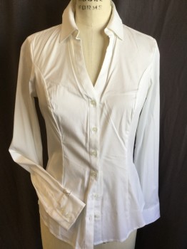 EXPRESS, White, Cotton, Elastane, Solid, V-neck with Collar Attached, Button Front, Long Sleeves, Curved Hem