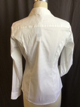 EXPRESS, White, Cotton, Elastane, Solid, V-neck with Collar Attached, Button Front, Long Sleeves, Curved Hem
