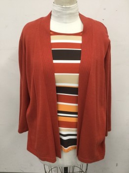 ALFRED DUNNER, Orange, White, Dk Brown, Tan Brown, Dk Orange, Polyester, Stripes, Solid, Cardigan and Faux Shirt, Striped 1/2 Shell, Scoop Neck, Solid Dark Orange Cardigan, Open Front, Ribbed Knit Lapel, 3/4 Sleeve