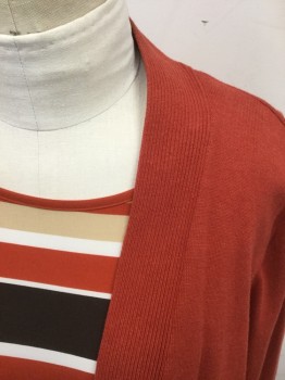 ALFRED DUNNER, Orange, White, Dk Brown, Tan Brown, Dk Orange, Polyester, Stripes, Solid, Cardigan and Faux Shirt, Striped 1/2 Shell, Scoop Neck, Solid Dark Orange Cardigan, Open Front, Ribbed Knit Lapel, 3/4 Sleeve
