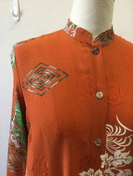 CITRON, Orange, Green, White, Red Burgundy, Rayon, Silk, Asian Inspired Theme, Floral, Long Sleeves, Button Front, Mandarin Collar, Oversized Fit, Vents/Notches at Side Hem