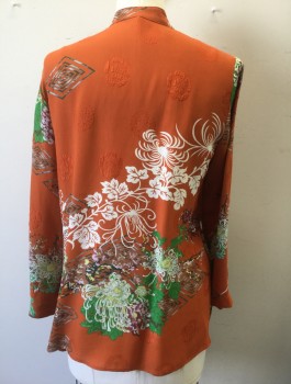 CITRON, Orange, Green, White, Red Burgundy, Rayon, Silk, Asian Inspired Theme, Floral, Long Sleeves, Button Front, Mandarin Collar, Oversized Fit, Vents/Notches at Side Hem