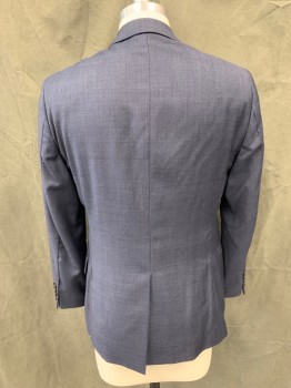 BROOKS BROTHERS, Navy Blue, Lt Blue, Wool, 2 Color Weave, Grid , Single Breasted, Notched Lapel, 3 Pockets, 2 Buttons