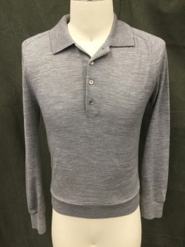 THEORY, Warm Gray, Cashmere, Heathered, Polo Style Sweater, Ribbed Knit Collar, 4 Button Placket, Long Sleeves, Ribbed Knit Cuff/Waistband