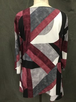 ALFANI, Off White, Heather Gray, Maroon Red, Black, Polyester, Spandex, Abstract , Wide Round Neck,  3/4 Sleeves, Flare Bottom
