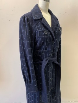 MARC JACOBS, Navy Blue, Lt Blue, Wool, Cotton, Stripes - Vertical , Dots, Single Breasted, Snap Front, Notched Collar Attached, 6 Pockets, 2" Wide Self Waistband, Belt Loops, **with Matching Self Belt