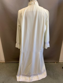 Unisex, Robe, BEAU VESTE, White, Polyester, Solid, L, Clergical, Long Sleeves, Stand Collar, Crochet Lace Trim at Cuffs and Hem, Wrapped Closure at Front Shoulder, Floor Length