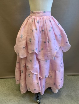 Womens, Historical Fiction Skirt, N/L MTO, Lt Pink, Slate Blue, Silk, Floral, W:24, Organza with Floral Embroidery, 3 Tiers of Ruffles with Scallopped Edge, Floor Length, 2" Wide Self Waistband, Made To Order Mid 1800's Fantasy