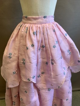 Womens, Historical Fiction Skirt, N/L MTO, Lt Pink, Slate Blue, Silk, Floral, W:24, Organza with Floral Embroidery, 3 Tiers of Ruffles with Scallopped Edge, Floor Length, 2" Wide Self Waistband, Made To Order Mid 1800's Fantasy