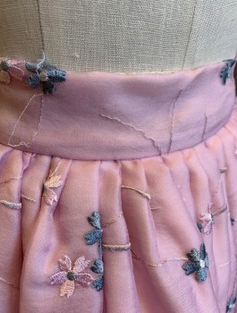 N/L MTO, Lt Pink, Slate Blue, Silk, Floral, Organza with Floral Embroidery, 3 Tiers of Ruffles with Scallopped Edge, Floor Length, 2" Wide Self Waistband, Made To Order Mid 1800's Fantasy