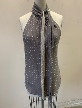 Womens, Blouse, DVF, Gray, Lt Gray, Silk, Dots, Sz.6, Crinkled Texture Chiffon with Dimensional Embroidered Dots, Asymmetric Halter Neckline with Self Ties