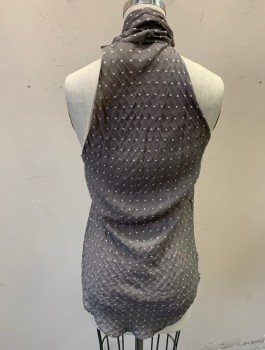 Womens, Blouse, DVF, Gray, Lt Gray, Silk, Dots, Sz.6, Crinkled Texture Chiffon with Dimensional Embroidered Dots, Asymmetric Halter Neckline with Self Ties