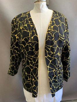 ERNST STRAUSS, Sunflower Yellow, Black, Silk, Abstract , Reversible: Cracked Ice Pattern Jacquard, One Side is Yellow, Opposite is Black Inverse, Long Sleeves, Padded Shoulders, Open Front with No Closures, 2 Welt Pockets, **Barcode in Pocket