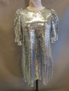 Womens, Cocktail Dress, ZARA, Silver, Sequins, Polyester, Solid, L, Covered in Small Rectangular Paillettes, Puffy 1/2 Length Sleeves, Round Neck, Shift Dress, Hem Above Knee, 1 Button Closure at Back Neck