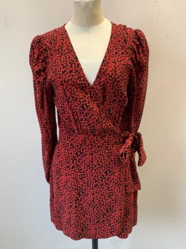 FREE PEOPLE, Red, Black, Rayon, Floral, V-neck, Wrap, Long Sleeves, Puff Shoulders, Hook & Eyes and Tie
