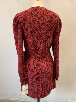 Womens, Dress, FREE PEOPLE, Red, Black, Rayon, Floral, 6, V-neck, Wrap, Long Sleeves, Puff Shoulders, Hook & Eyes and Tie