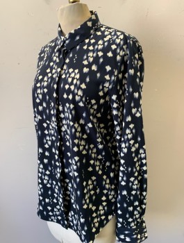 Womens, Blouse, H&M, Navy Blue, Cream, Polyester, Abstract , Sz.2, Long Sleeves, Button Front, Collar Attached
