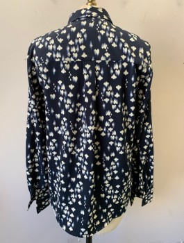 Womens, Blouse, H&M, Navy Blue, Cream, Polyester, Abstract , Sz.2, Long Sleeves, Button Front, Collar Attached