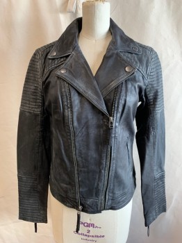 TREASURE & BOND, Faded Black, Leather, Solid, Motorcycle Jacket, Zip Front, Collar Attached, Stitched Ribbing Shoulder Panels and Cuff Panels, 2 Welt Pockets, Multiple