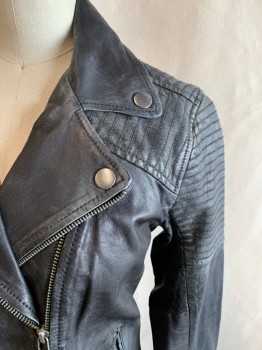 TREASURE & BOND, Faded Black, Leather, Solid, Motorcycle Jacket, Zip Front, Collar Attached, Stitched Ribbing Shoulder Panels and Cuff Panels, 2 Welt Pockets, Multiple