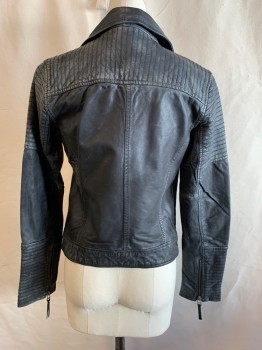 Womens, Leather Jacket, TREASURE & BOND, Faded Black, Leather, Solid, XXS, Motorcycle Jacket, Zip Front, Collar Attached, Stitched Ribbing Shoulder Panels and Cuff Panels, 2 Welt Pockets, Multiple