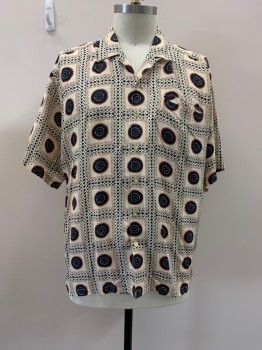 Mens, Casual Shirt, NL, Beige, Multi-color, Rayon, Geometric, XL, C.A., B.F., S/S, 1 Pckt, Black with Dark Red Circles, Stripes Of Diamonds