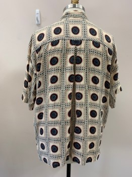 Mens, Casual Shirt, NL, Beige, Multi-color, Rayon, Geometric, XL, C.A., B.F., S/S, 1 Pckt, Black with Dark Red Circles, Stripes Of Diamonds