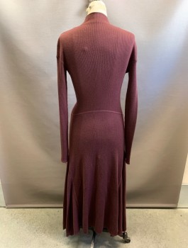 Womens, Dress, Long & 3/4 Sleeve, THEORY, Red Burgundy, Acrylic, Wool, M, Mock Neck, L/S, Ribbed, Ankle Length Hem